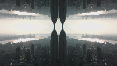 Aerial-panoramic-footage-of-metropolis-against-sunshine.-City-surrounded-by-water.-Abstract-computer-effect-digital-composed-footage
