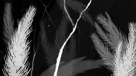 Animation-of-white-lightning-flashes-over-white-plants-on-black-background