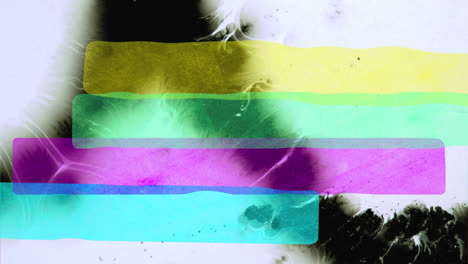 Animation-of-pastel-coloured-stripes,-over-black-ink-spreading-into-white-background