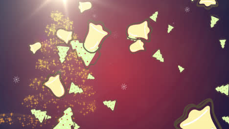 Animation-of-bells-falling-over-christmas-decorations-on-red-background