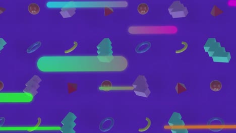 Animation-of-multicolored-bars-moving-over-circles,-bricks,-triangles-against-blue-background