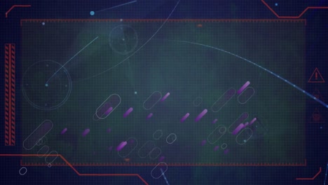 Digital-interface-with-purple-light-trails-and-network-of-connections-against-black-background