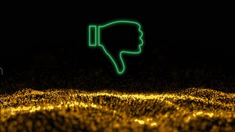 Animation-of-neon-hand-down-over-black-background-with-gold-glitter
