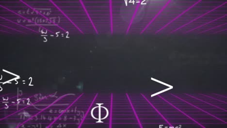 Animation-of-mathematics-equations-and-symbols-with-illuminated-grid-moving-on-black-background