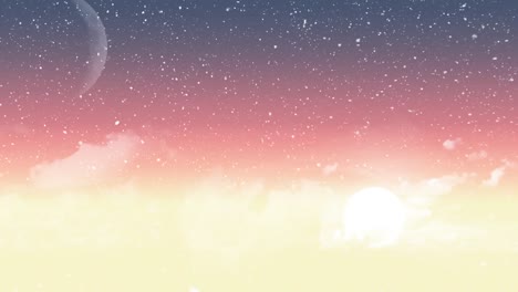 Animation-of-snow-falling-over-moon-on-red-to-yellow-background