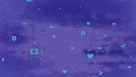 Animation-of-network-of-connections-with-icons-on-blue-background