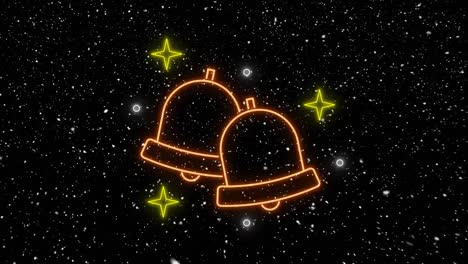 Animation-of-neon-bells-over-snow-falling-on-black-background-at-christmas
