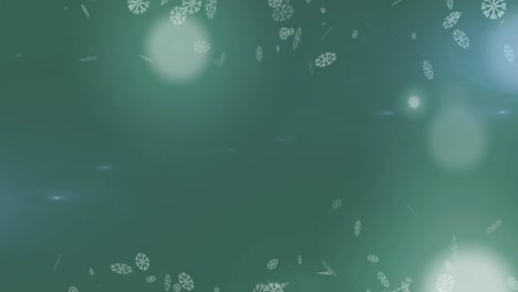 Animation-of-falling-snow-and-glowing-spots-on-grey-background
