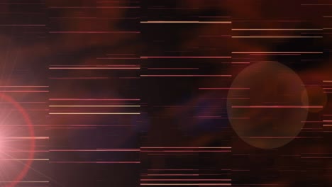Animation-of-orange-and-yellow-lines-moving-horizontally-over-bokeh-light-spots-on-black-background