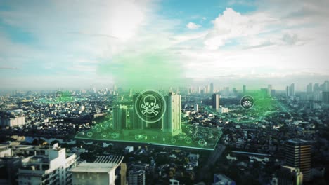 Aerial-View-Of-Dangerous-Infected-Zones,-Cityscape,-3D-Motion-Design