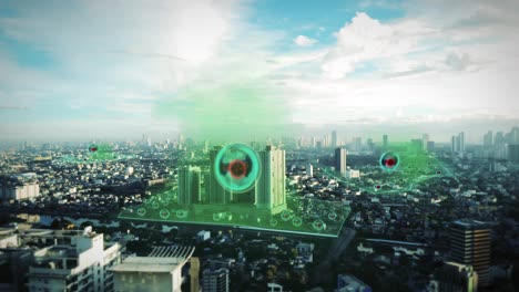 Aerial-View-Of-Virus-Infected-Zones,-Cityscape,-3D-Motion-Design