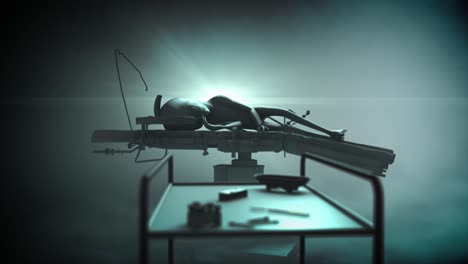 CGI-scene-of-an-alien-autopsy-in-atmopheric-smokey-dark-environment,-with-a-classic-Roswell-style-grey-alien,-lying-on-a-medical-cot-in-focus-in-the-background,-behind-a-tray-of-medical-instruments