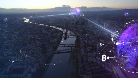 Aerial-panoramic-footage-of-river-flowing-through-large-city-at-twilight.-Digital-visualisation-of-communication-between-data-centres.-Frankfurt-am-Main,-Germany