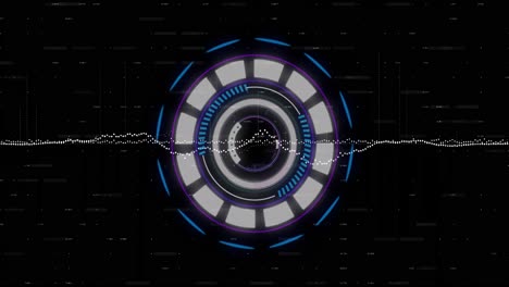 Animation-of-data-processing-and-neon-round-scanner-spinning-against-black-background