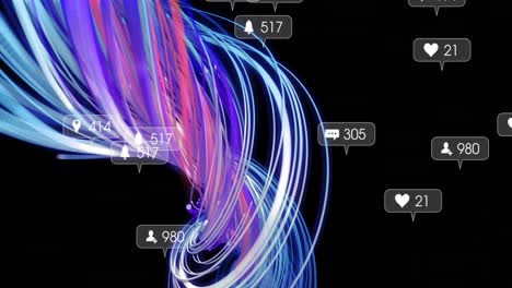 Animation-of-social-media-reactions-over-pink-and-blue-lines-on-black-background
