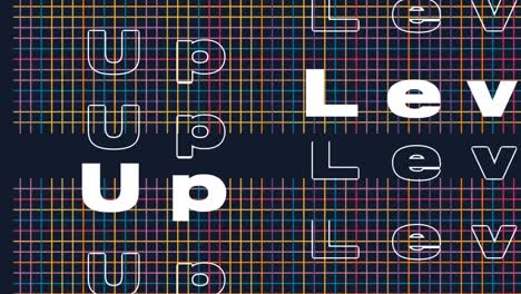 Animation-of-level-up-text-in-white-and-outline-over-multi-coloured-mesh-on-black-background