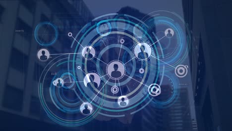 Animación-De-Círculos-Digitales-E-íconos-De-Perfil-Interconectados-Con-Líneas-Contra-Rascacielos-Modernos