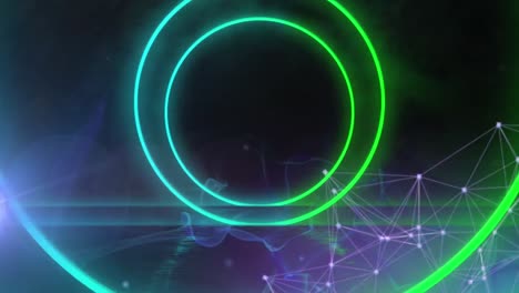 Animation-of-circular-shapes-over-network-of-connections-and-digital-waves-against-black-background