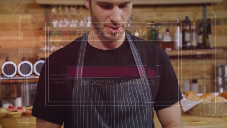 Animation-of-processing-data-with-loading-bar-over-caucasian-man-using-digital-tablet-in-cafe